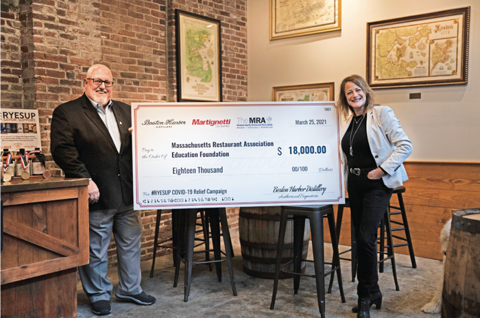   Pictured Bob Luz (President of MRA) and Rhonda Kallman (founder & CEO of Boston Harbor Distillery).  