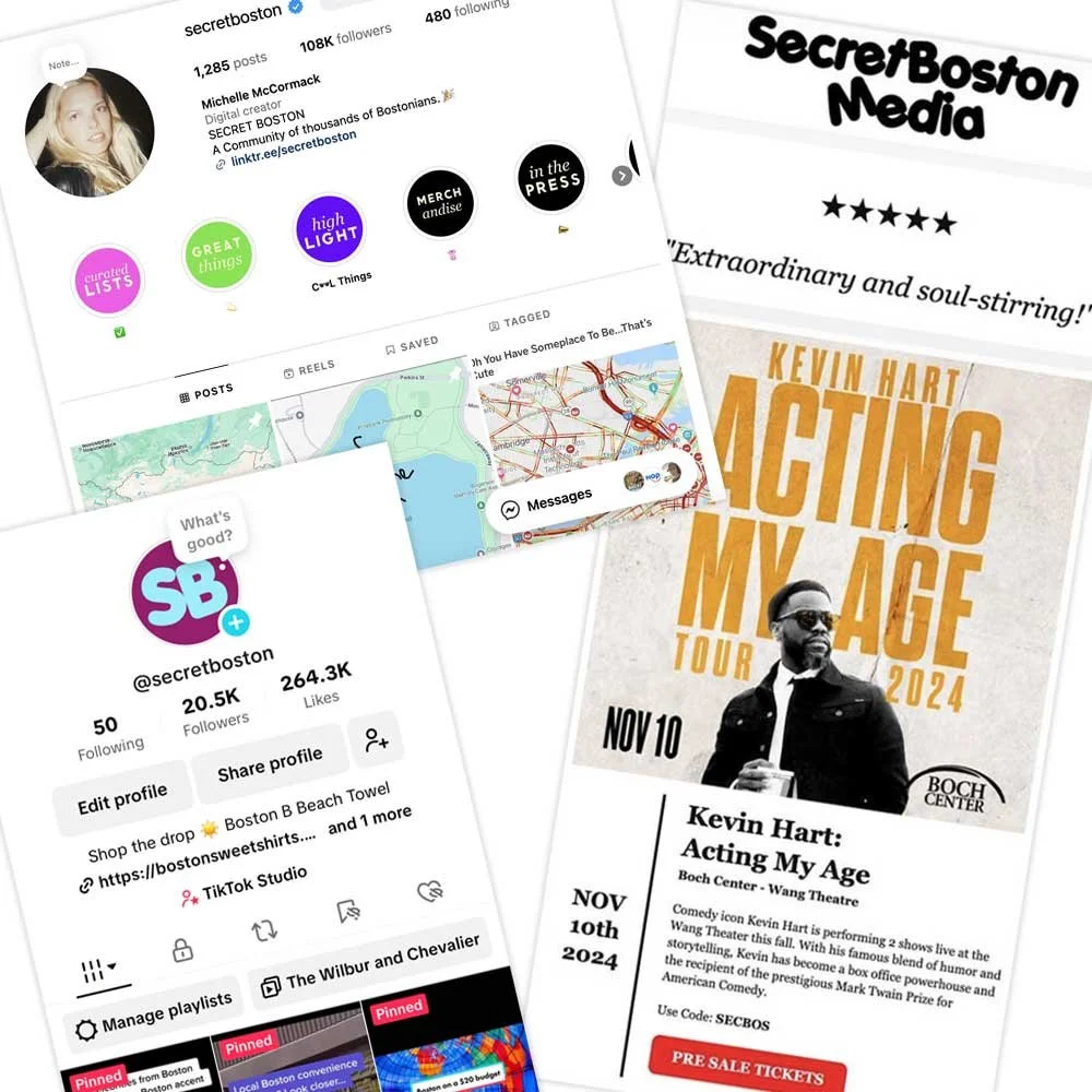 Collage of social media profiles, event posters, and tickets for Kevin Hart's acting tour at Boch Center, with details about the event on November 10, 2024.