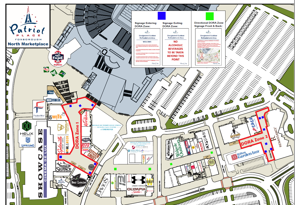 Patriot Place Launches Outdoor Refreshment Areas 1 Patriot Place Map + DORA zones - Image courtesy of Patriot Place