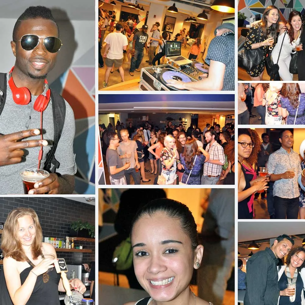 A collage of photos from a lively social event with people dancing, enjoying drinks, and socializing in a modern venue with dim lighting, colorful decor, and a DJ playing music.