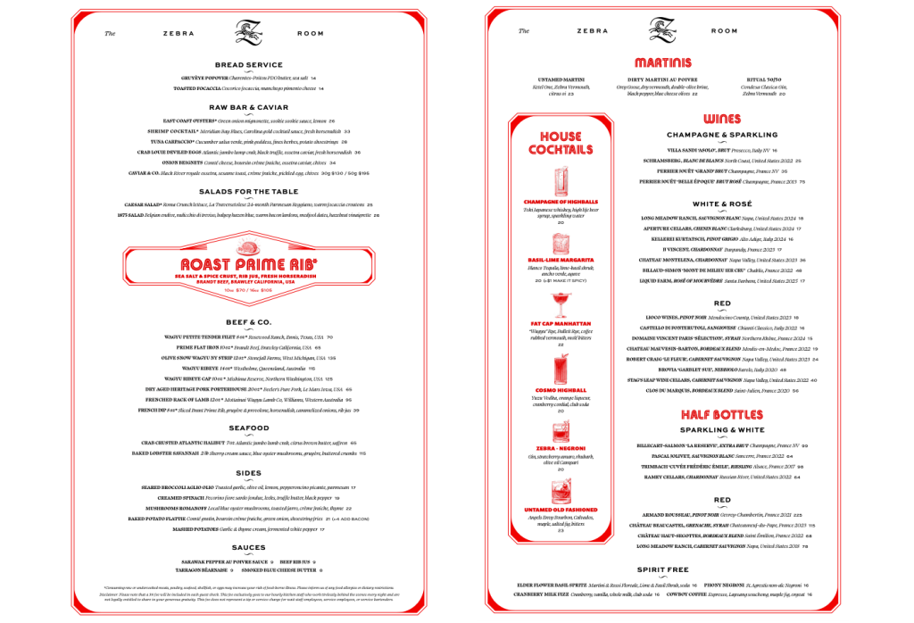 Zebra Room Boston menu