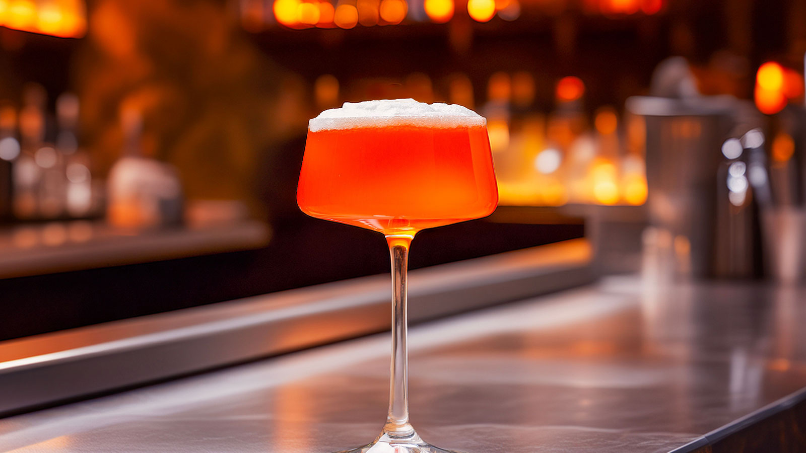 fancy orange colored cocktail on a bar.