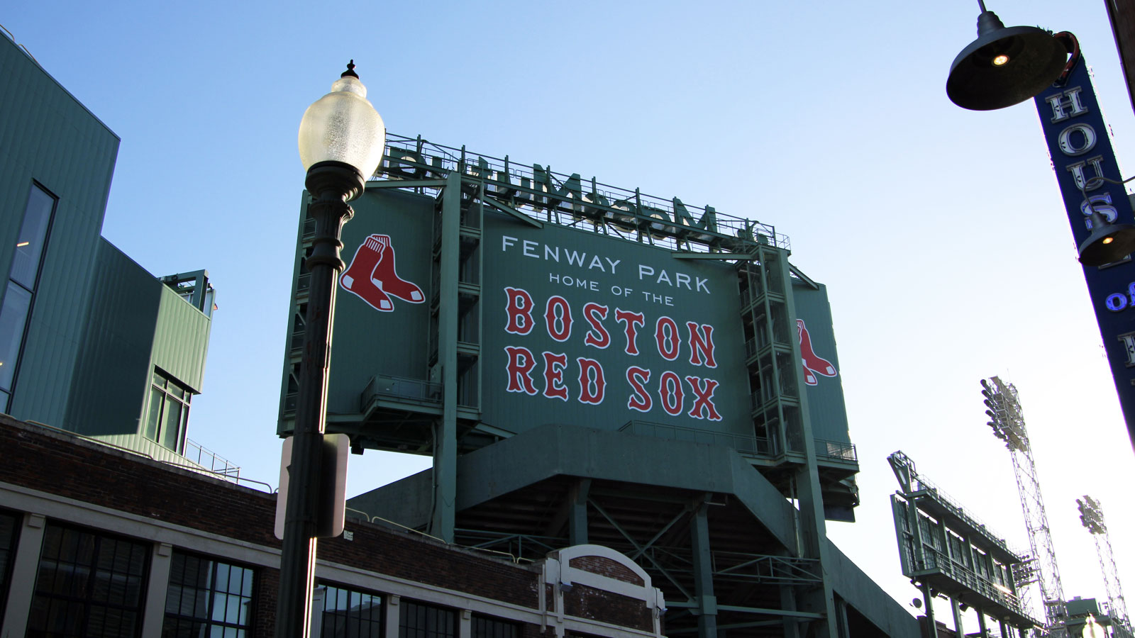 Fenway Park sign facing Landsdowne Street across from House of Blues