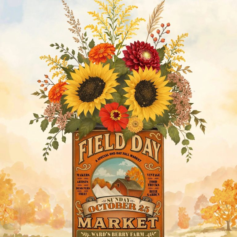 The Field Day poster, a flower tin for the October 25 market at Ward's Berry Farm.