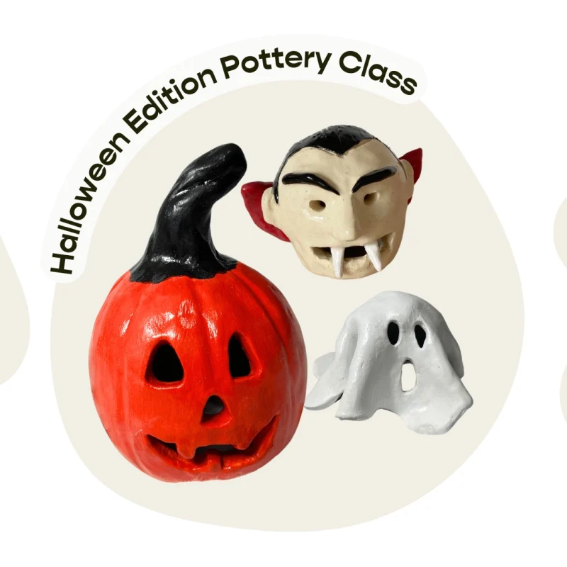 A clay pumpkin, vampire, and ghost from the Halloween pottery workshop.